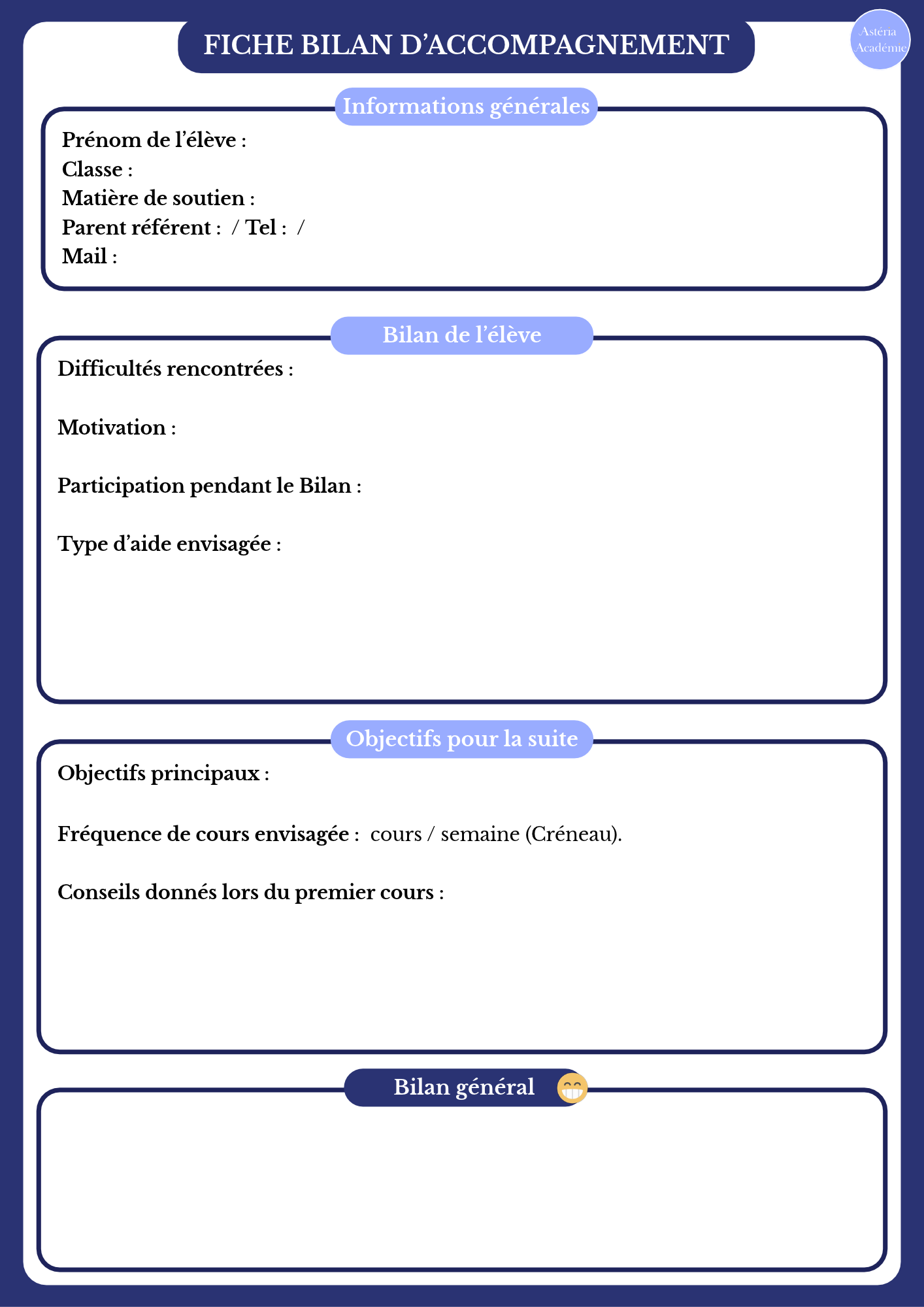 Modèle de fiche bilan d'accompagnement : informations générales, bilan de l'élève (difficultés, motivation, participation, type d'aide), objectifs pour la suite et bilan général.